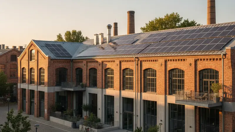 Solaranlage auf einem Leipziger Gründerzeithaus mit Blick auf die Skyline