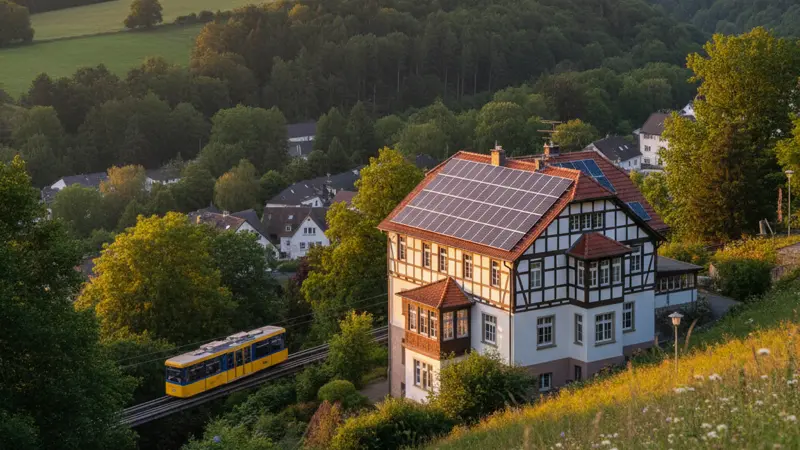 Solaranlage auf einem Wuppertaler Einfamilienhaus mit Blick auf die Schwebebahn