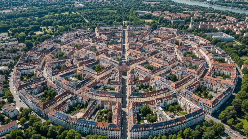 Karlsruher Fächer von oben mit Solaranlagen auf Dächern