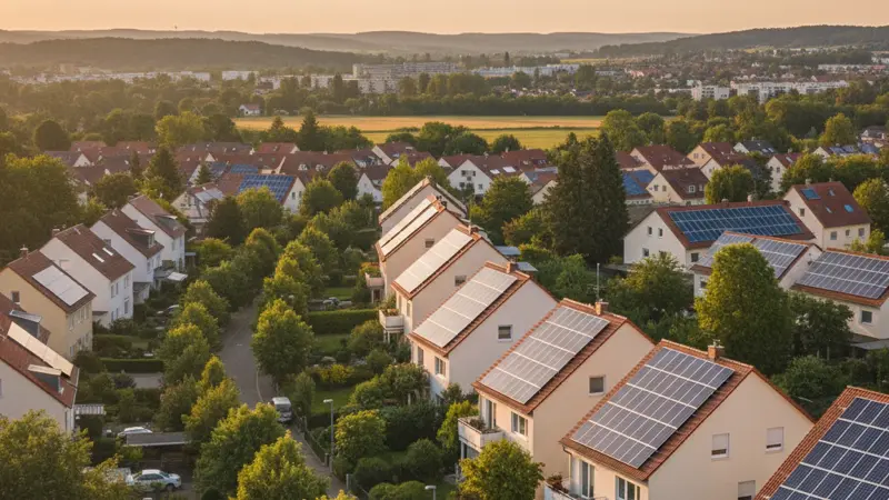 Mehrere Einfamilienhäuser mit Solaranlagen in einer Karlsruher Siedlung