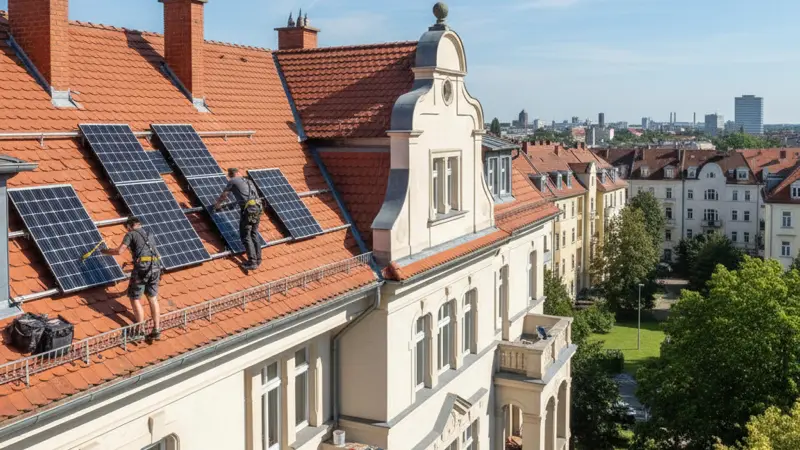 Montage einer Solaranlage auf einem Leipziger Dach