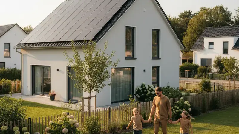 Familie vor ihrem Haus mit Solaranlage in Mannheim