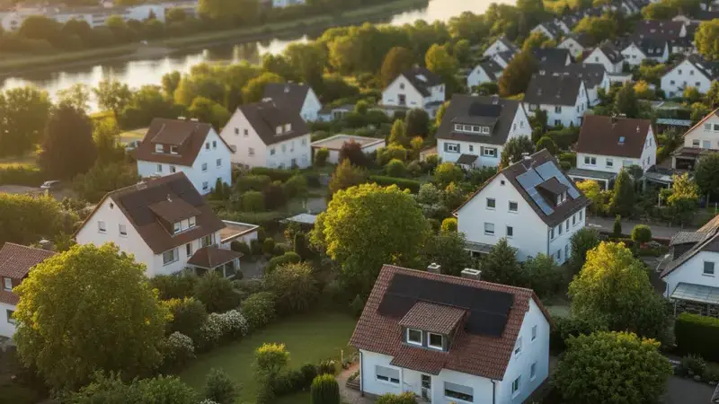 Solaranlagen auf Daechern in Mannheim mit Neckar im Hintergrund