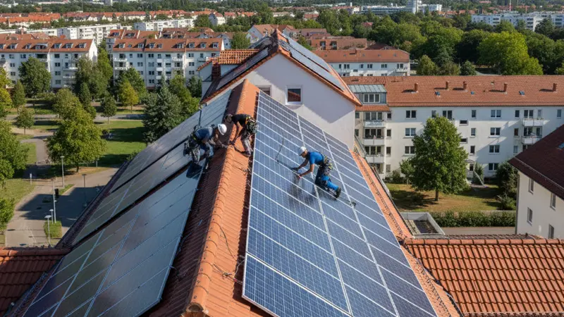 Solarinstallateure bei der Montage auf einem Nürnberger Dach