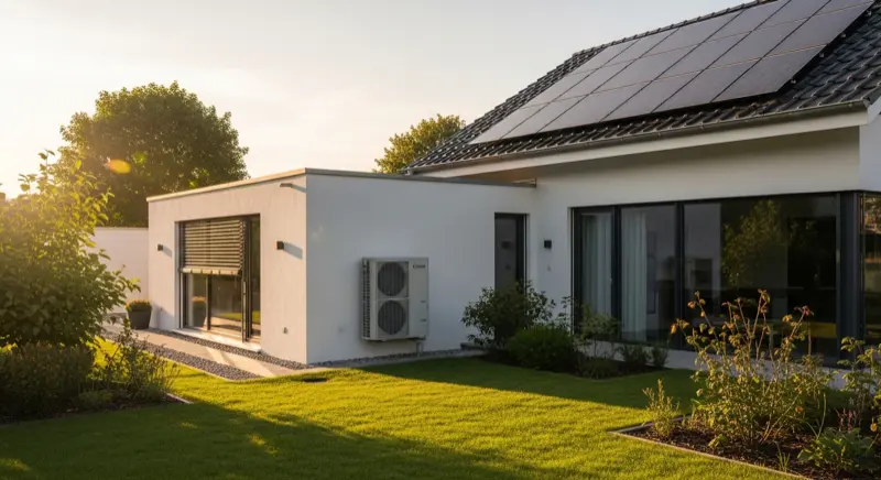Energieeffizientes Einfamilienhaus mit Wärmepumpe und Solaranlage als Symbol für BAFA BEG Förderung