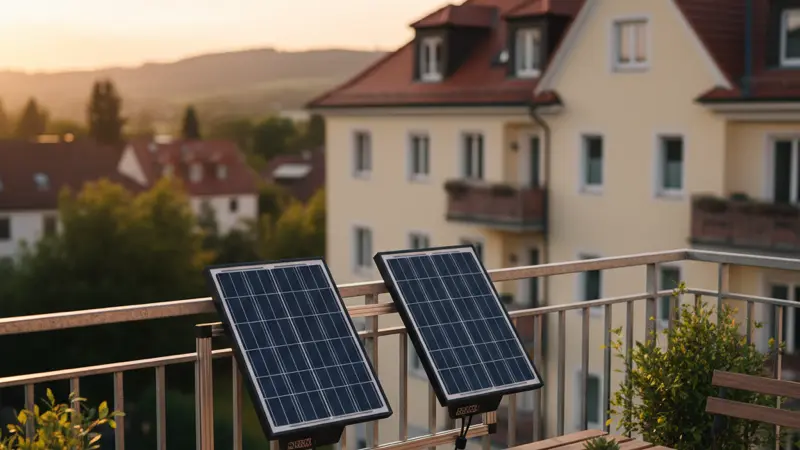Balkonkraftwerk mit zwei Solarmodulen an einem sonnigen Balkon in Deutschland