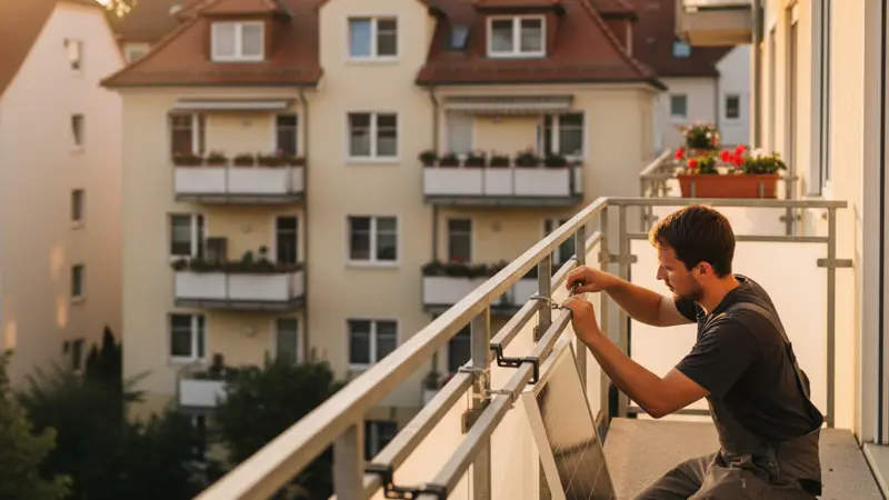 Person montiert Solarmodule am Balkongeländer mit Klemmhalterung