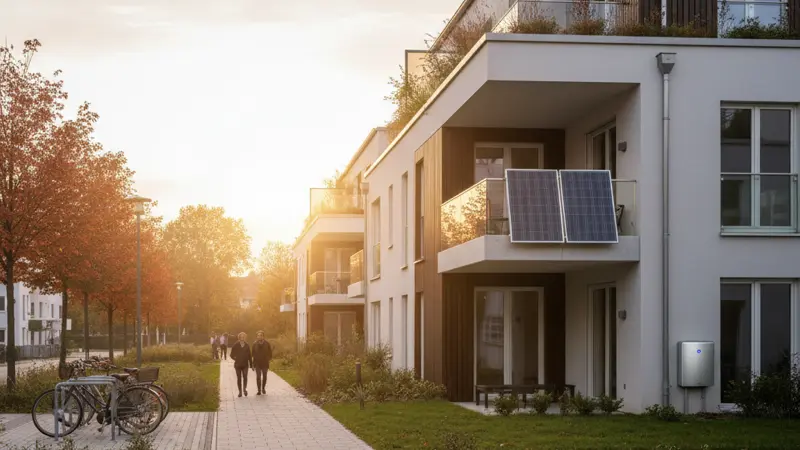 Kompakter Batteriespeicher neben einem Balkonkraftwerk an einer Hauswand
