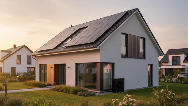 Modernes energieeffizientes Einfamilienhaus mit Wärmedämmung, Wärmepumpe und Solaranlage auf dem Dach