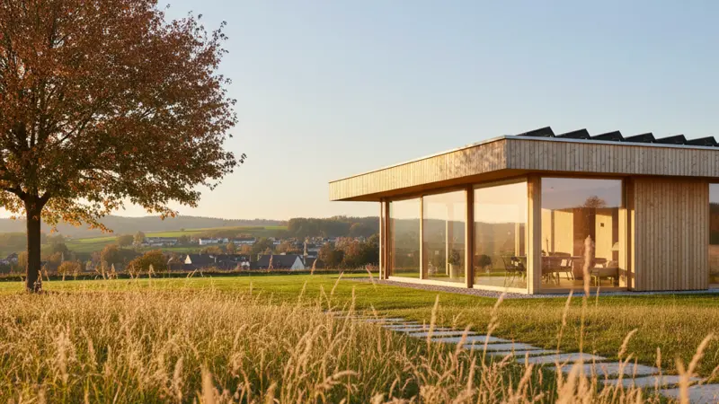 Modernes Passivhaus mit großen Südfenstern, Holzverkleidung und Solaranlage auf dem Dach