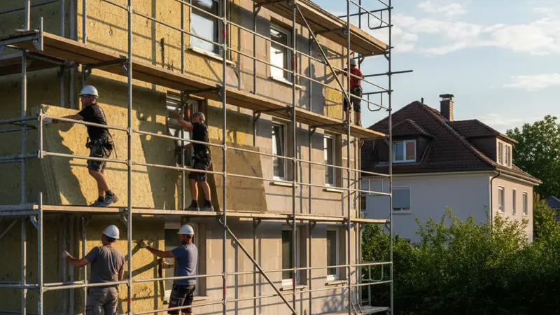 Handwerker bei der Installation einer Außenwanddämmung an einem Einfamilienhaus
