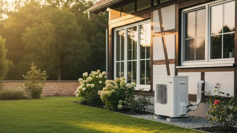 Moderne Luft-Wasser-Wärmepumpe neben einem gut gedämmten Einfamilienhaus