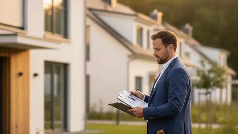 Qualifizierter Energieberater mit Messgerät bei der Gebaeudeanalyse