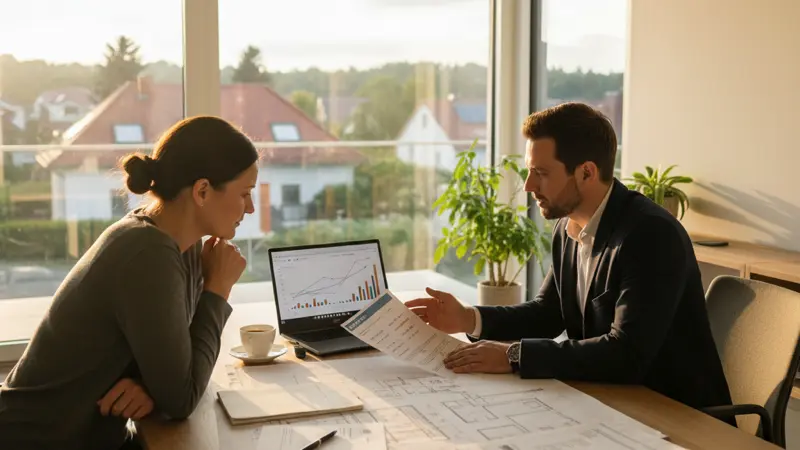 Energieberater bei der Vor-Ort-Beratung eines Einfamilienhauses