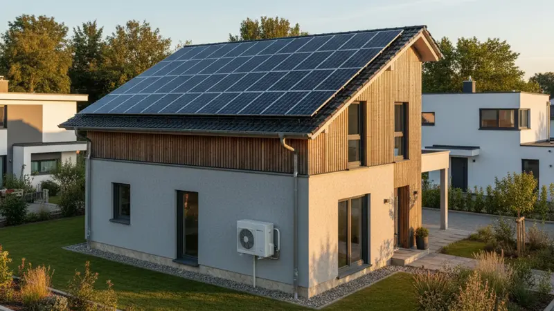 Energieeffizientes Haus mit verschiedenen Sanierungsmaßnahmen