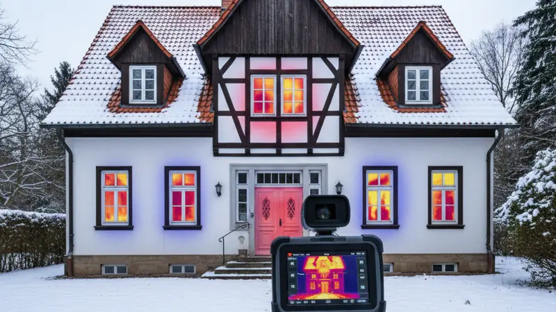 Thermografiebild eines Einfamilienhauses zeigt Wärmebrücken und Energieverluste