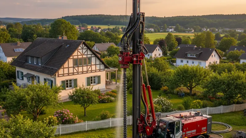 Bohrgerät für Erdsondenbohrung auf einem Grundstück neben einem Einfamilienhaus