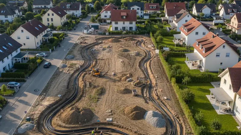 Verlegung eines Flächenkollektors im Garten - Kunststoffrohre in Erdgräben