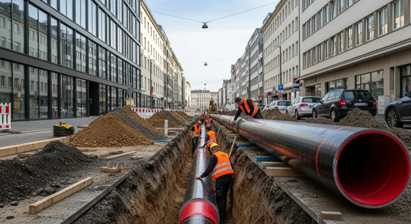 Fernwärmeleitung wird im Erdreich verlegt - isolierte Rohre für Nahwärmeversorgung