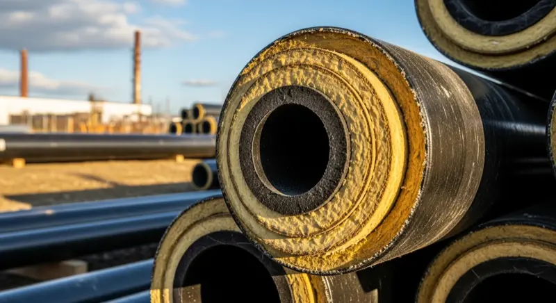 Isolierte Fernwärmerohre im Querschnitt - Vorlauf und Rücklauf