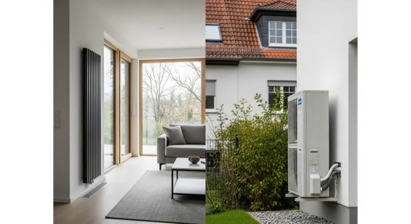 Vergleich verschiedener Heizsysteme - Fernwärme, Wärmepumpe und Gasheizung nebeneinander