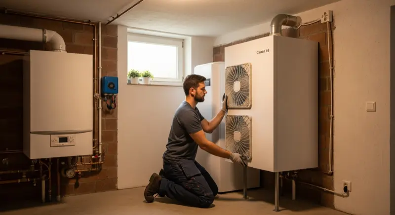 Facharbeiter installiert eine Wärmepumpe im Heizungskeller eines Einfamilienhauses