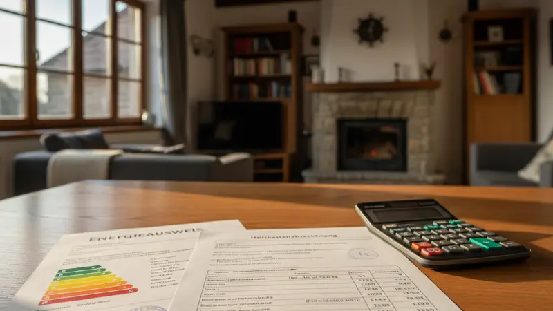 Heizkostenabrechnung und Energieausweis auf einem Schreibtisch mit Taschenrechner
