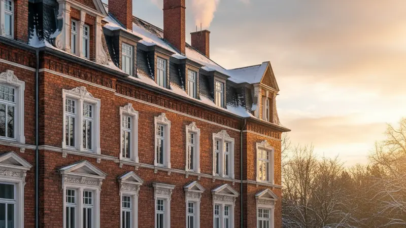Typischer deutscher Altbau mit Backsteinwänden, winterliche Stimmung