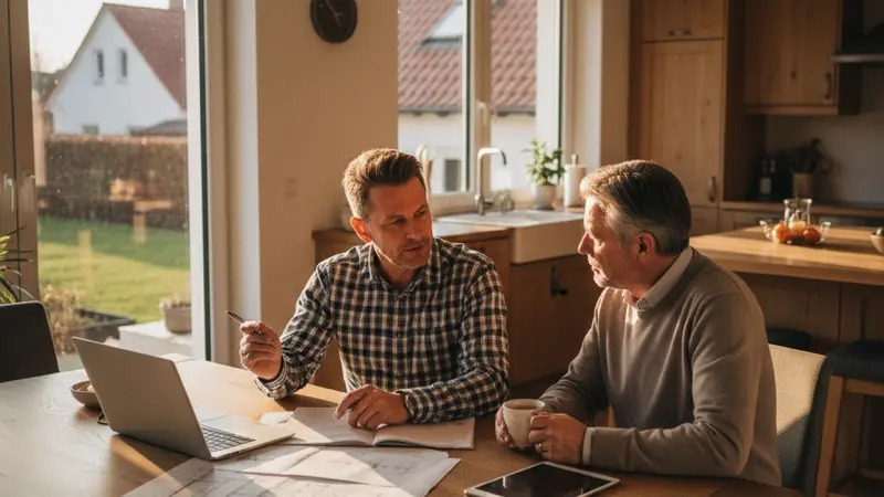 Energieberater im Gespräch mit einem Hauseigentümer am Küchentisch