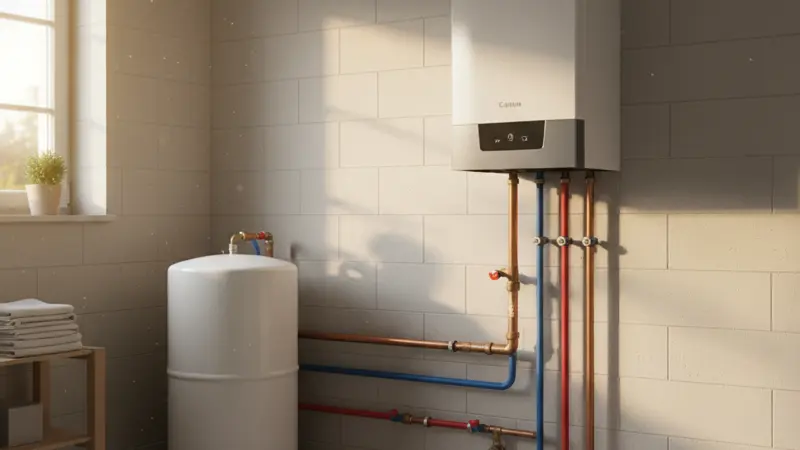 Moderne Gas-Brennwerttherme im Heizungskeller eines deutschen Einfamilienhauses