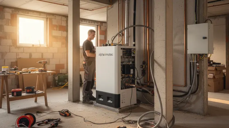 Handwerker installiert Wärmepumpe im Keller eines Einfamilienhauses