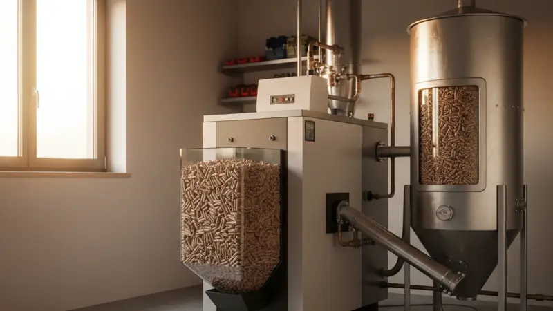 Pelletheizung mit sichtbarem Pelletlager in einem deutschen Heizungskeller