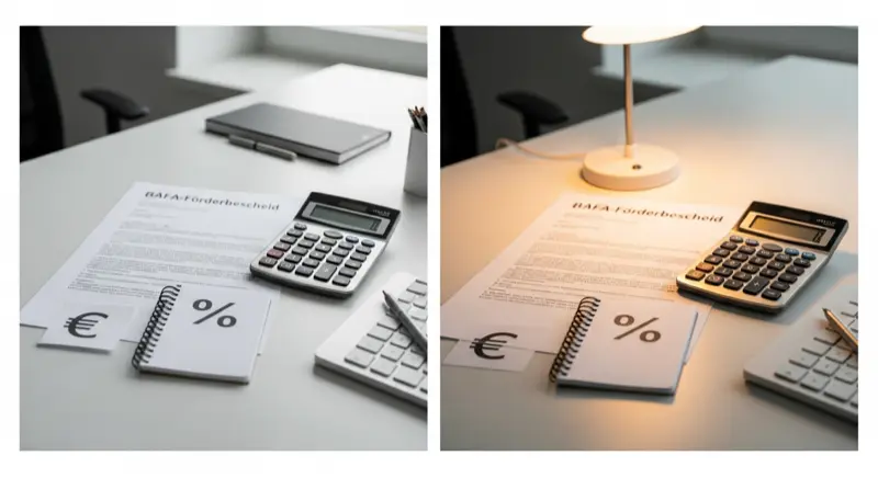 BAFA-Förderbescheid und Taschenrechner auf einem Schreibtisch