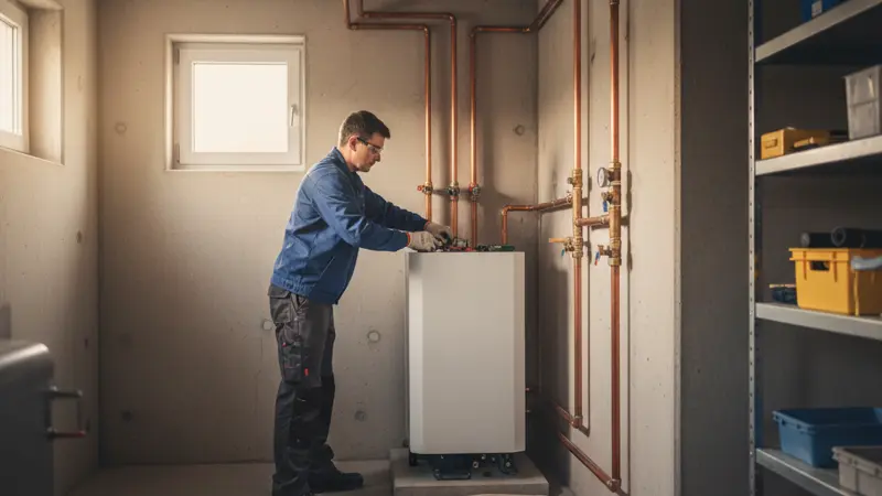 Installateur montiert eine neue Wärmepumpe im Heizungskeller