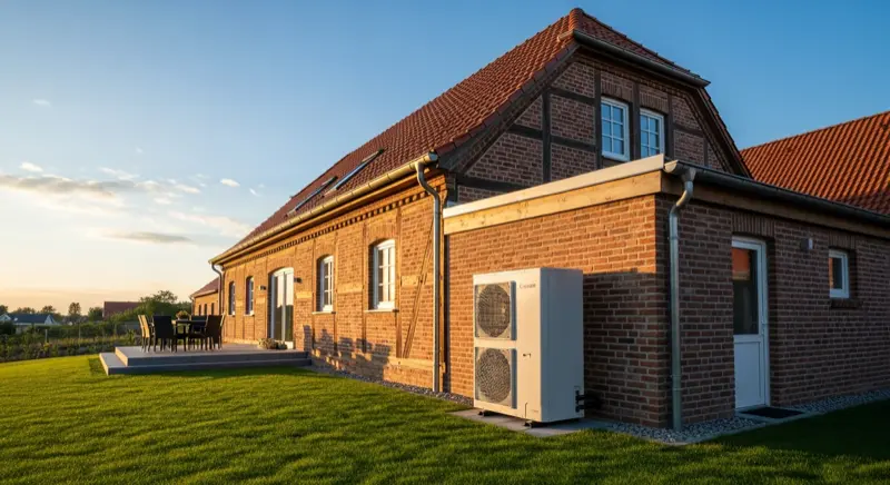Luft-Wasser-Wärmepumpe neben einem sanierten Einfamilienhaus