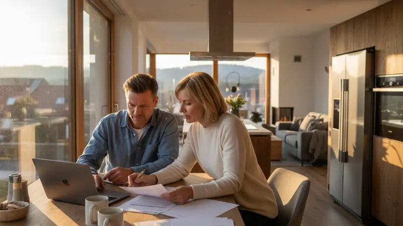 Paar prüft Förderdokumente am Küchentisch mit Laptop