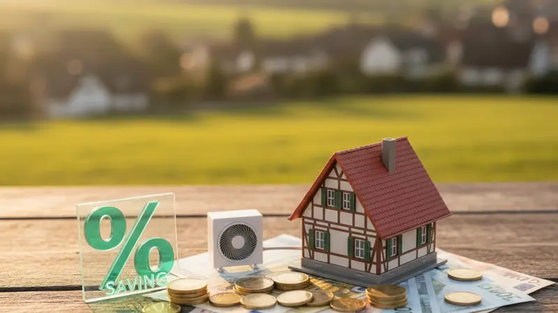 Euro Banknoten und Münzen mit Modellhaus und Wärmepumpen Miniatur