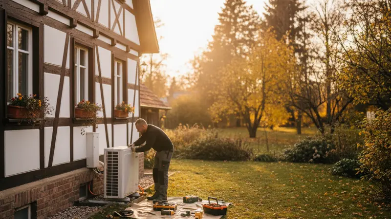 Fachbetrieb installiert Wärmepumpe am deutschen Wohnhaus