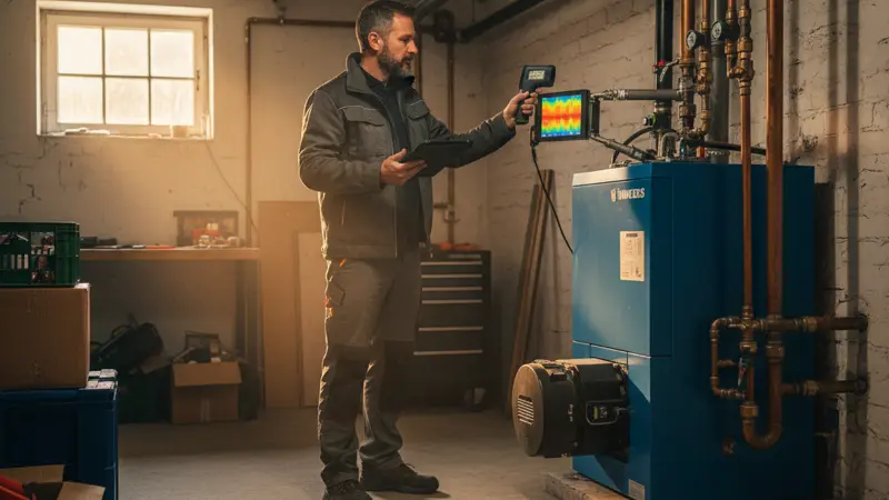 Energieberater prüft Heizanlage im Keller eines Wohnhauses