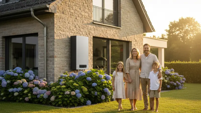 Familie vor modernisiertem Eigenheim mit Wärmepumpe