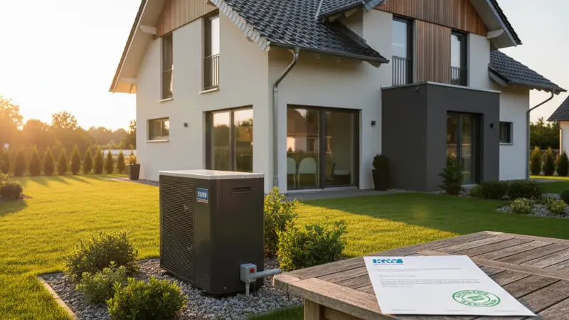 Deutsches Wohnhaus mit moderner Wärmepumpe und KfW Förderdokumenten