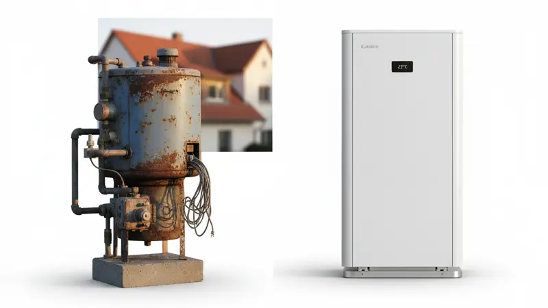 Vergleich alter Gaskessel versus moderne Wärmepumpe