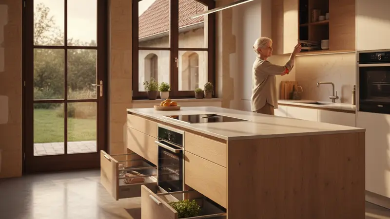 Barrierefreie grifflose Küche mit Servo-Drive-System, ergonomische Höhenplanung