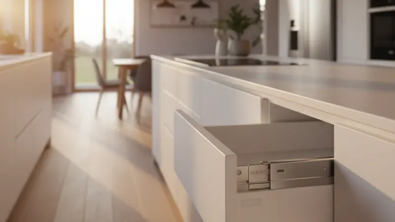 Detailaufnahme eines Push-to-Open-Beschlags in einer grifflosen Küchenschublade