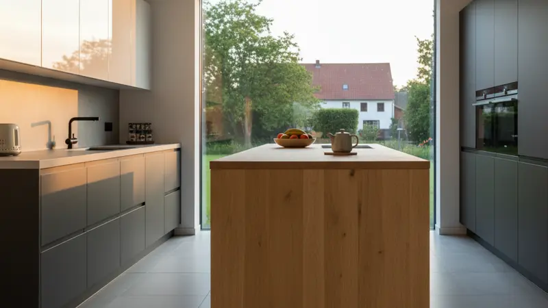 Grifflose Küche mit Materialmix: matte Unterschränke und glänzende Oberschränke mit Holzinsel