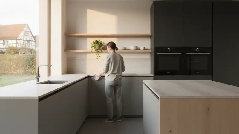 Person reinigt glatte grifflose Küchenfront mit einem Mikrofasertuch