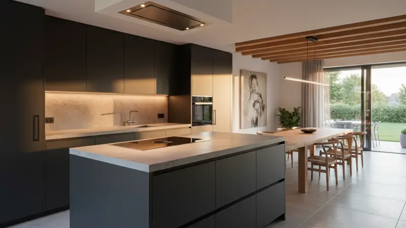 Grifflose Küche im Showroom mit dunklen Anthrazitfronten und LED-Beleuchtung