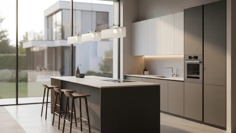 Grifflose Küche mit Tip-On-System, glatte weiße Fronten