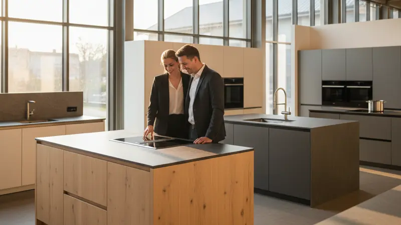 Paar betrachtet Ausstellungsküchen in einem Küchenstudio