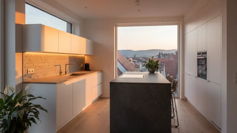 Moderne Küche mit stimmungsvoller LED-Beleuchtung unter den Oberschränken